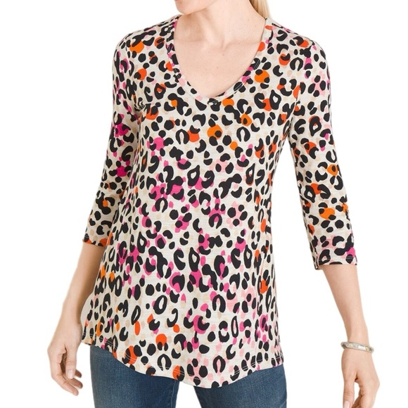 CHICOS 1 Cheetah Print V Neck Tee Multi Color Shirt 3/4 Sleeve Knit Blouse Sz M - Picture 1 of 7